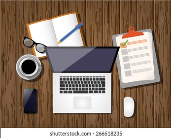 realistic graphic design vector of laptop and gadget on wood desk