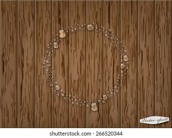 realistic graphic design vector of transparent water drop in circle form on wood table