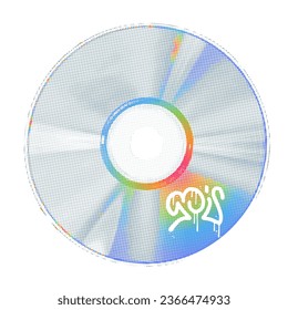 Realistic graphic musical CD or DVD in retro halftone style. Concentric blue and rainbow circle element with halftone gradient. Isolated Vector illustration.