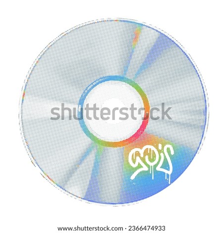Realistic graphic musical CD or DVD in retro halftone style. Concentric blue and rainbow circle element with halftone gradient. Isolated Vector illustration.
