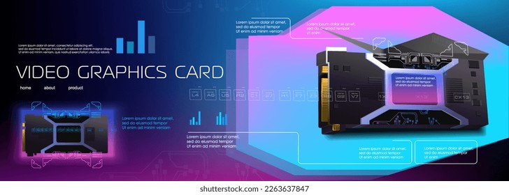 Tarjeta gráfica realista para el ordenador. Banner cibernético futurista con tarjeta gráfica potente para minería o videojuegos. Presentación de una nueva tarjeta de vídeo. Tecnología informática y desarrollo electrónico
