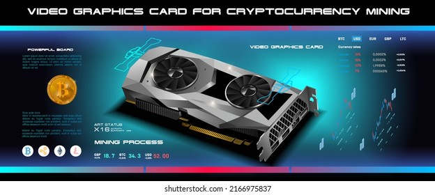 Tarjeta gráfica realista para minería de criptodivisa o juegos. Burla realista de tarjetas gráficas 3D. Poderosa tarjeta de video en un nuevo chip. Cartel cibernético. Ilustración