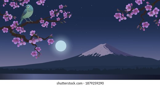 Realistic graphics of Uguisu bird and Sakura tree on a background of Moon. Japanese Nightingale on a branch of blossoming cherries. Vector illustration. Fujiyama mountain at night.