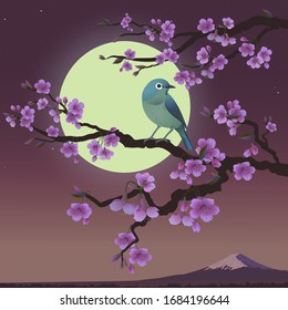 Realistic graphics of Uguisu and Sakura tree on a background of Moon. Japanese Nightingale on a branch of blossoming cherries. Vector illustration of Bush Warbler. Fujiyama mountain at night.