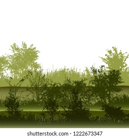 Realistic grass and bush with leaves silhouettes from nature on white background (Vector illustration).Eps10