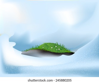 realistic grass and flowers under the melting snow, spring comes