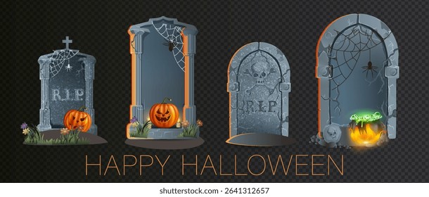Realistic graveyard tombstones in cartoon style. Medieval stone Crypts for Halloween. Elements of old Gothic tombstones with pumpkin, cauldron, tombstone obelisks. Gray tombstones. Granite mausoleum.