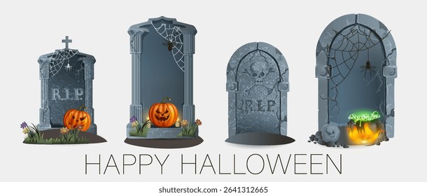 Realistic graveyard tombstones in cartoon style. Medieval stone Crypts for Halloween. Elements of old Gothic tombstones with pumpkin, cauldron, tombstone obelisks. Gray tombstones. Granite mausoleum.