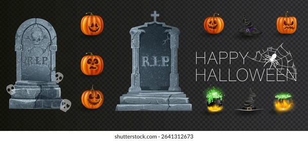 Realistic graveyard tombstones in cartoon style. A crypt for Halloween. Elements of old Gothic tombstones with pumpkin, cauldron, spider web for halloween Tombstone obelisks.