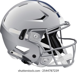 Realistic gray 3D American football helmet with white and blue stripes. Gray mask with chin strap