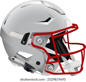 Realistic gray 3D helmet for American Football with red mask and chin strap