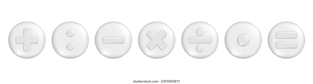 Realistic gray 3d plus, minus, multiply, division and equal sign on round button. Arithmetic 3d element, education maths icon, mathematical symbol. Vector illustration isolated on white background