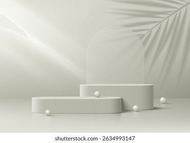 Fondo realista del podio redondo gris 3D con la capa de la sombra de la hoja de palma, telón de fondo del arco. Pedestal de maqueta minimalista, presentación Abstractas del producto, escaparate del escenario. Plataformas Vector geométrico.