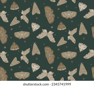 Realistic gray cartoon moths and scattered doodle dots in seamless pattern on dark green backdrop. Moody hand-drawn butterfly surface design.