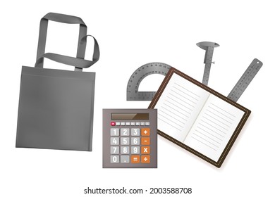 Realistic gray eco bag, calculator, ruler, notepad vector illustration.