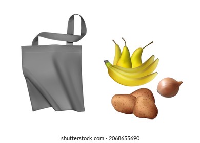 Realistic gray eco bags for fruits and vegetables
