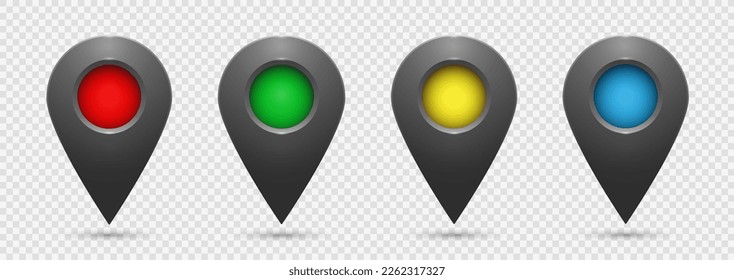Iconos de geolocalización gris realista en un fondo transparente. Un conjunto de cuatro iconos de código pin del mapa de geolocalización. EPS vectorial 10.