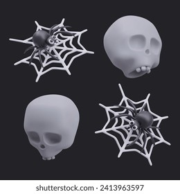 Realistic gray human scull and spider weave webs in different positions. Concept of frightening models and death. Decoration for Halloween. Vector illustration in 3d style with black background