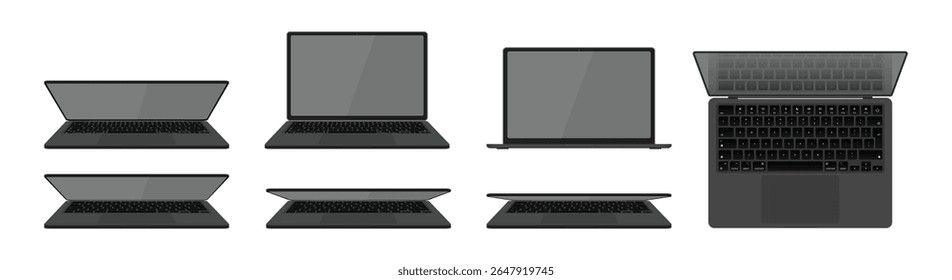 Realistic Gray Laptop Computer Vector Set – Front, Top, Angled, and Closed Screen Views, 3D Mockup of Generic Notebook for UI, Product, and App Design