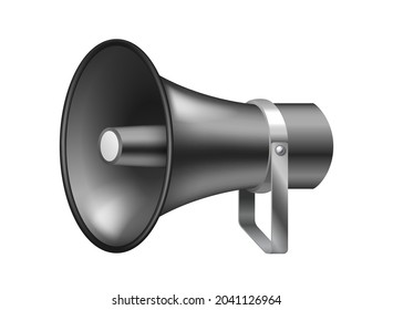 Icono de megáfono gris realista. Altavoz de plantilla, signo de marketing para el anuncio. Amplificador de altavoces de sonido 3d con micrófono. Ilustración del vector