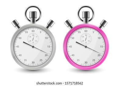 Realistic Gray and Pink Classic Stopwatch Icon Set Closeup Isolated on White Background. Stop-watch Design Template. Sport Timer on Competitions. Start, finish, Time Management. Stock Vector