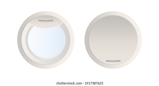 Realistic gray porthole isolated on white background. Open and closed window of a spaceship or airplane. Vector illustration