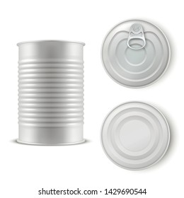 Realistic gray tin can set, metal template. Can container for preserving food or drinks. Vector realistic tin can illustration on white background.