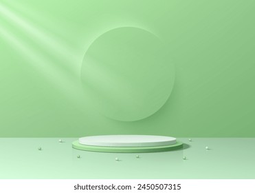 Realistic green 3D cylinder podium background with emboss circle backdrop wall scene. Minimal 3D mockup or abstract product display presentation, Stage for showcase. Platforms vector geometric design.