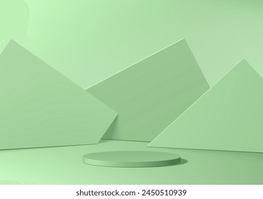 Realistic green 3D cylinder podium pedestal background with geometric triangle layers backdrop scene. Minimal mockup or abstract product display presentation, Stage showcase. Platforms vector design.