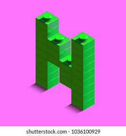 Realistic green 3d isometric letter N of the alphabet from constructor lego bricks. Green 3d isometric plastic letter from the lego building blocks. Lego letters. 3d letters