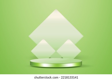 Realistic green 3D pedestal cylinder podium with three squares background