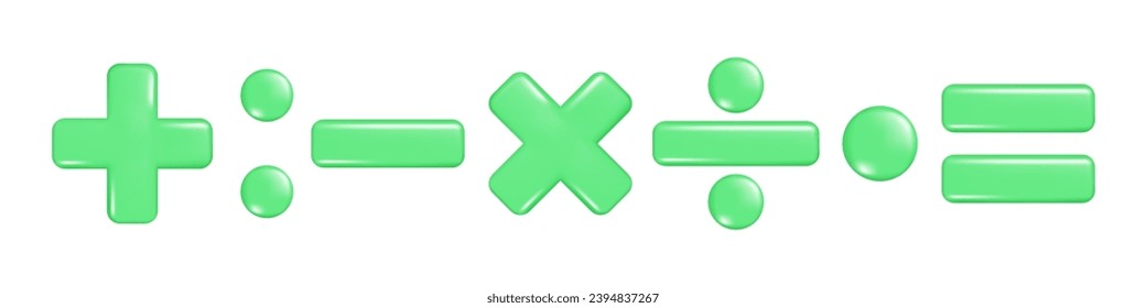 Realistic green 3d plus, minus, multiply, division, equal sign. Decorative arithmetic 3d element, education maths icon, mathematical symbol. Abstract vector illustration isolated on white background