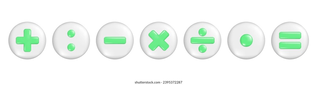 Realistic green 3d plus, minus, multiply, division and equal sign on round button. Arithmetic 3d element, education maths icon, mathematical symbol. Vector illustration isolated on white background