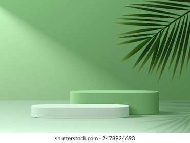 Fondo de podio redondo verde realista 3D con hoja de palma, escena de luz de ventana. Pedestal minimalista de la maqueta 3D, presentación Abstractas de la exhibición del producto, escaparate del escenario. Diseño geométrico de Vector de plataformas.