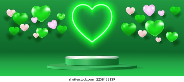 Realistic green 3D stage with neon light heart shape and heart balloon background. Valentine's minimal scene for products showcase, Promotion display. Vector abstract studio room platform design.
