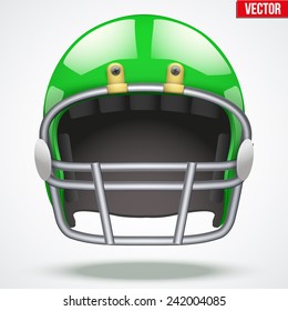 Realistic Green American football helmet with reflex. Equipment sport illustration. Vector Isolated on background.