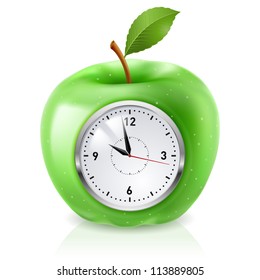 Realistic green apple clock. Illustration on white