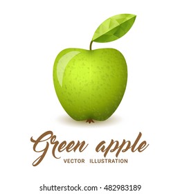 Realistic green apple, isolated on white - vector illustration. Big green apple with bright green leaf.