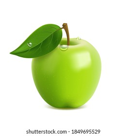 Realistic green apple with leaf and drops, on white background, sweet fruit, healthy food.