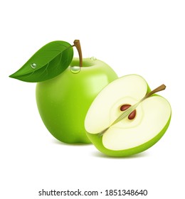 Realistic green apple with leaf and drops, on white background, sweet fruit, healthy food.