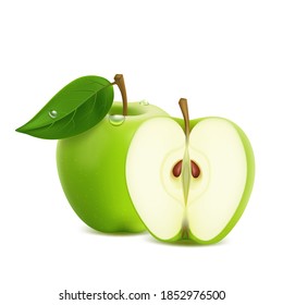 Realistic green apple with leaf and drops, on white background, sweet fruit, healthy food.
