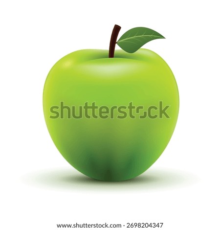 Realistic green apple with green leaf and stem isolated on white background. Fresh fruit illustration symbolizing health, nutrition, and natural food concept.