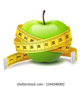 manzana verde realista con cinta métrica, icono de dieta de fitness, concepto de cuerpo y salud, ilustración vectorial