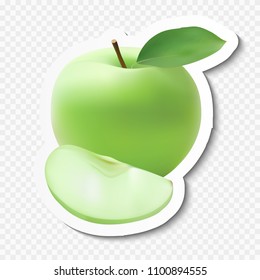 Realistic green apple with slice and leaf. Apple on paper with shadow. Vector simbol eps10