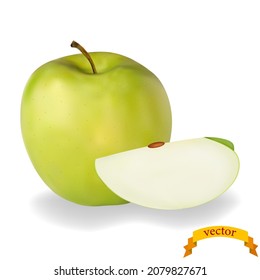 Realistic green apple with slice. Vector image.