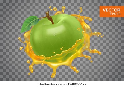 Realistic green apple with spray of apple juice vector illustration on isolated background. Hyperrealistic shiny fruit 