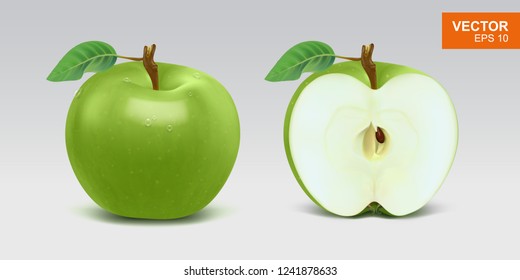 Realistic green apples vector illustration, mockup. Whole and half slice of apple with green leaf, stem  and water drop 