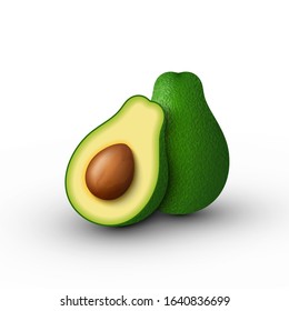 Realistic green avocado for healthy eating. 3d render. Whole and cut in half avocado. Vector illustration isolated on white background.