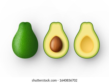 Realistic green avocado for healthy eating. 3d render. Whole and cut in half avocado with pit. Vector illustration isolated on white background.