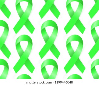 Realistic Green Awareness ribbon seamless pattern for Organ Transplant and Organ Donation Awareness, Scoliosis, Mental health symbol. 3d tape medical symbol isolated on white background. Vector